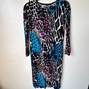 Trendy Black and White Bodycon Mixed Animal Print Dress with Crew Neck IW-62